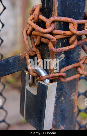 Vorhängeschloss und rostige Kette auf Metalltor Stockfoto