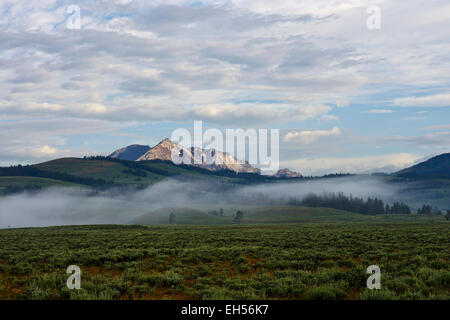 Elektro-Peak im Morgenlicht über dem Nebel, Yellowstone-Nationalpark, Wyoming, Vereinigte Staaten von Amerika. Stockfoto