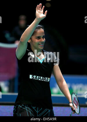 Birmingham, Großbritannien. 6. März 2015. Saina Nehwal Indiens feiert nach der Frauen Einzel Viertelfinale gegen Wang Yihan aus China bei den All England Open Badminton Championships bei Barclaycard Arena in Birmingham, Großbritannien, am 6. März 2015. Saina Nehwal gewann 2: 0. © Han Yan/Xinhua/Alamy Live-Nachrichten Stockfoto