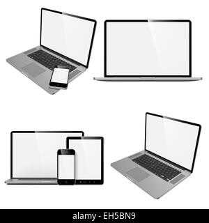 Laptop, Tablet und Handy. Satz von Computergeräten auf weißem Hintergrund. Stockfoto