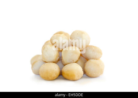 Ein Haufen von Macadamia-Nüssen auf weißem Hintergrund. Stockfoto