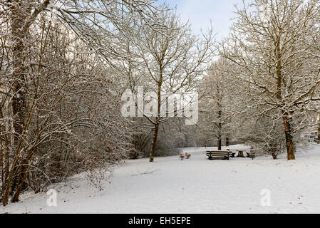 winterliche Landschaft mit Bäumen bedeckt mit den letzten Schnee in kleinen Spielgelände in Stuttgart, Baden Wuttenberg, Deutschland Stockfoto