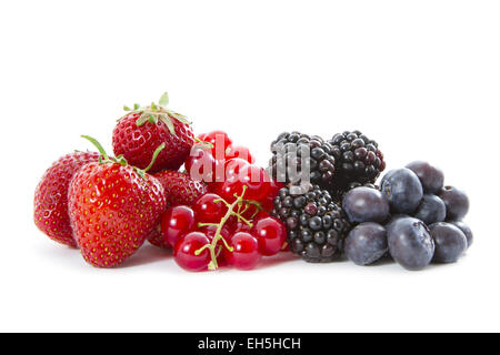 Einen frischen Haufen von Bio-Erdbeeren, Heidelbeeren, Johannisbeeren und Brombeeren auf weißem Hintergrund. Stockfoto