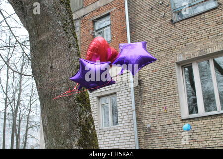 bunte Lichtballons Form der Sterne und Herzen Krawatte zum Baum Stockfoto