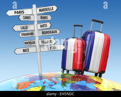 Reisekonzept. Koffer und Wegweiser was in Frankreich zu besuchen. 3D Stockfoto