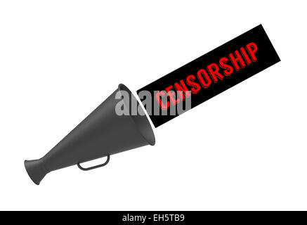 Einfaches Megaphon mit Pop-up-Beschriftung "Zensur" auf weißem Hintergrund. Konzept für die Zensur von ungeeigneten Inhalten, Medien blacko Stockfoto