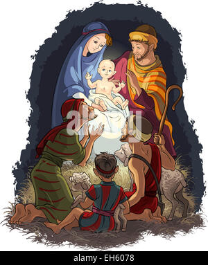 Weihnachtskrippe mit Kleinkind Jesus, Maria, Josef und Hirten. Christian Weihnachtsthema Stockfoto