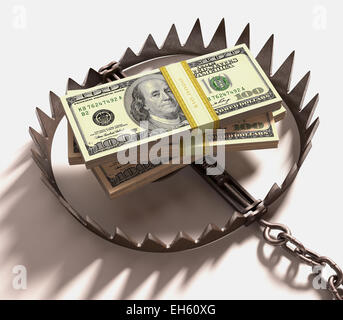 Stapel von US-Dollar in eine Falle. Clipping-Pfad enthalten. Stockfoto