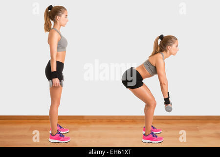 Weibliche Hantel Kreuzheben in einem Fitnessstudio zu tun Stockfoto