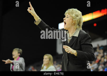 Hoffman Estates, IL, USA. 7. März 2015. Iowa Hawkeyes Cheftrainer Lisa Bluder leitet ihr Team in der ersten Hälfte während der 2015 große zehn Frauen Basketball-Turnier Spiel zwischen die Iowa Hawkeyes und die Ohio State Buckeyes im Sears Centre in Hoffman Estates, IL. Patrick Gorski/CSM/Alamy Live-Nachrichten Stockfoto