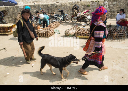 Hund gehandelt in Bac Ha Sonntag Markt berühmt für Buffalo zu verkaufen in der Nähe von Lao Cai und Sa Pa, Sapa, Hill Tribe, Stadt, Vietnam, Hund, Verkauf, Kauf, Tierschutz, Handel, Stockfoto