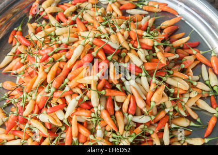 Viel frische, gelbe, rote und orange Chilis, auf einem Markt in Phu Quoc, Vietnam Stockfoto