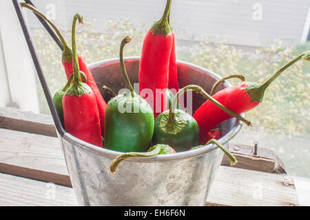 Chili und Jalapeno, in einer Alu-Schale auf hölzernen Boden Stockfoto