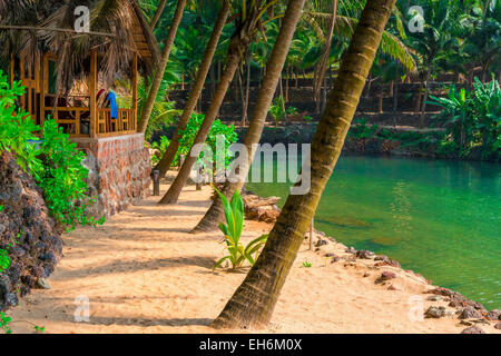 großen Kokosnusspalmen und Bungalow in einem Resort in den Tropen Stockfoto