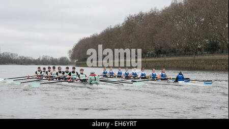 Themse, London, UK. 8. März 2015. Cambridge University Women Boot Club (CUWBC) [hellblau] Vs Imperial College Boat Club (ICBC) [Dk blau & weiß] - Pre-Boot-Rennen Praxis Befestigung.   Lage:-Themse, London, Vereinigtes Königreich zwischen Putney (Start) und Mortlake.   In den letzten Vorbereitungen für die BNY Mellon Regatten die vier Clubs sich gegen einige der besten nationalen und internationalen Wettbewerb zu messen. Bildnachweis: Duncan Grove/Alamy Live-Nachrichten Stockfoto