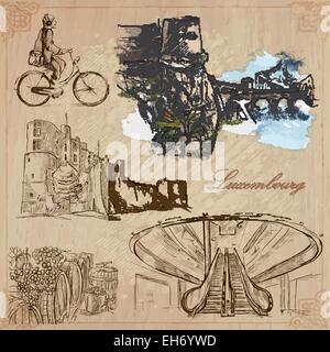 Reisen: Luxemburg (Set Nr. 4) - Sammlung von einer Hand gezeichnet Vektor-Illustrationen. Jede Zeichnung bestehen aus drei Schichten von Linien, t Stock Vektor