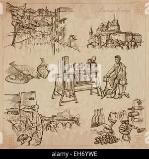 Reisen: Luxemburg (Set Nr. 5) - Sammlung von einer Hand gezeichnet Vektor-Illustrationen. Jede Zeichnung bestehen aus drei Schichten von Linien, t Stock Vektor
