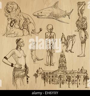 A.d.s. Reisen: Südafrika - Sammlung eine handgezeichnete Illustrationen. Stock Vektor