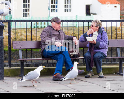 Ein Mann und eine Frau Essen Fish &amp; Chips im Freien, von Silbermöwen erwartungsvoll beobachtet Stockfoto