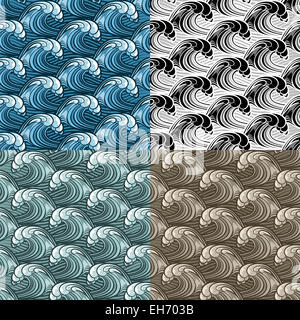 Satz von nahtlosen Wellenmuster gezeichnet im Cartoon-Stil im Vordergrund verschiedene Farbvariationen. Stockfoto