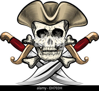 Abbildung mit Totenkopf in Seemann Hut gegen zwei Dirks Tattoo Skizze Stil gezeichnet Stockfoto