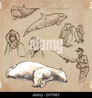 Serie Reisen: polare Regionen - Grönland (Set No. 1) - Sammlung von einem Vektor-Illustrationen von Hand gezeichnet. Jede Zeichnung umfassen t Stock Vektor