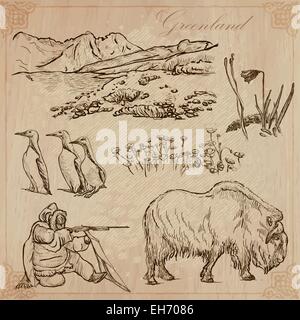 Serie Reisen: polare Regionen - Grönland (Set Nr. 4) - Sammlung von einem Vektor-Illustrationen von Hand gezeichnet. Jede Zeichnung umfassen t Stock Vektor