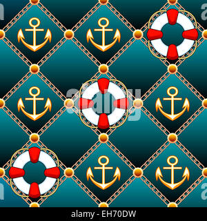 Nahtloses Polster Muster mit Rettungsring und goldenen Anker mit Farbverläufen gezeichnet Stockfoto
