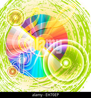 Abbildung mit Treble Clefs, digital Compact-Discs und angeschlossenen Lautsprechern vor abstrakten festlichen Hintergrund Stockfoto