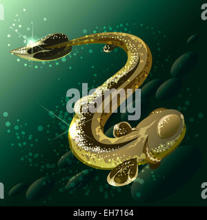 Abbildung mit kleinen Fische schwimmen oben Stein Meeresboden gegen drehen Bläschen im Cartoon-Stil gezeichnet Stockfoto