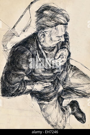 Eine handgezeichnete Illustrationen, schwarze Kohle und Bleistift Technik auf Papier. Menschliche Figur, man. Stockfoto