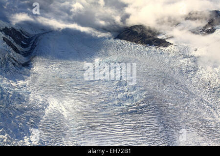 Luftaufnahme der Franz Josef Gletscher vom Hubschrauber in Neuseeland Stockfoto