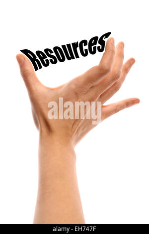Vertikale Aufnahme einer Hand drückte das Wort "Ressourcen" zwischen zwei Fingern, isolated on White. Stockfoto