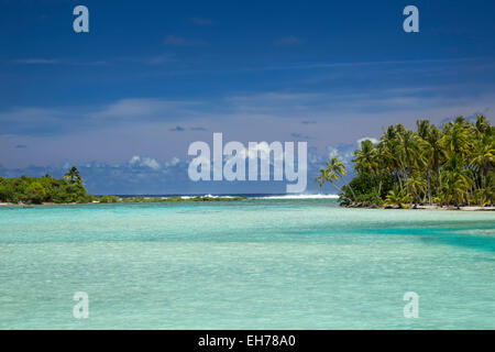 Atoll mit blauem Wasser und Surf am Horizont mit Palmen Stockfoto