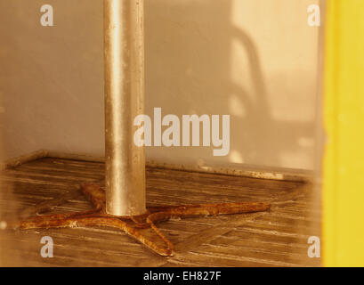 Detail der Rost auf dem Kopf stehend Metall Tabelle in einer Strandhütte St Ives Cornwall England Europa Stockfoto