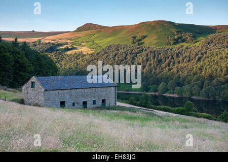 Stein-Scheune neben Ladybower Vorratsbehälter im Peak District, Derbyshire an einem schönen Sommerabend. Stockfoto