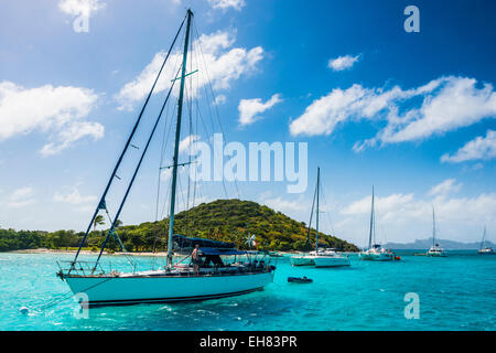 Segelboote, die Verankerung in den Tobago Cays, die Grenadinen, Windward-Inseln, West Indies, Karibik Stockfoto