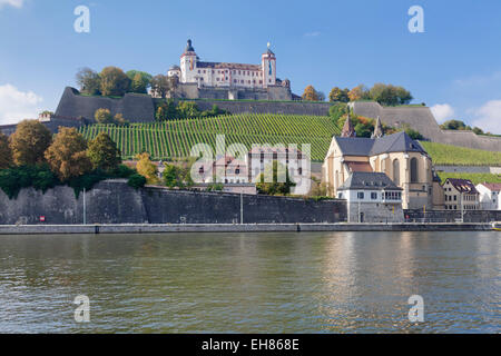 Blick über Mains, Festung Marienberg und Kirche von St. Burkard, Würzburg, Franken, Bayern, Deutschland, Europa Stockfoto