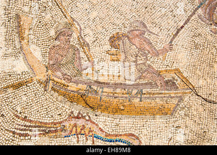 Mosaik von Fischern, Utica punischen und römischen archäologischen Stätte, Tunesien, Nordafrika, Afrika Stockfoto