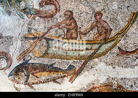 Mosaik von Fischern, Utica punischen und römischen archäologischen Stätte, Tunesien, Nordafrika, Afrika Stockfoto