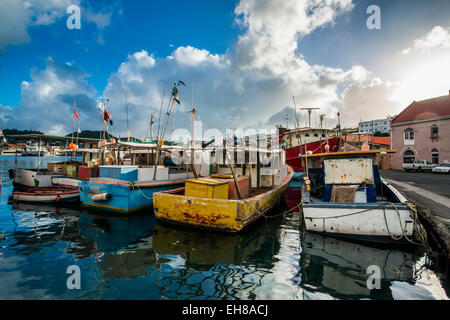 Angelboote/Fischerboote im Hafen von St. Georges, Hauptstadt von Grenada, Windward-Inseln, West Indies, Karibik, Mittelamerika Stockfoto