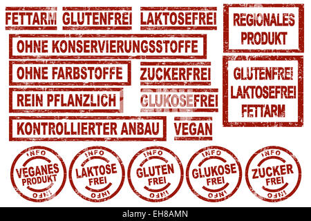 Satz von roten Grunge Stil Tinte Stempel zeigt verschiedene deutsche Begriffe bezüglich Ernährung Fakten Stockfoto