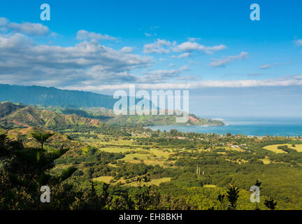 Blick auf Hawaii Landschaft, über Hanalei Bay und Na Pali Berge von Okolehao Trail in der Nähe von Hanalei, Kauai Stockfoto