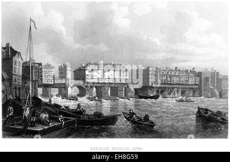 Eine Gravur der London Bridge im Jahr 1745, die in hoher Auflösung von einem Buch gescannt wurde, das im Jahr 1867 gedruckt wurde. Stockfoto