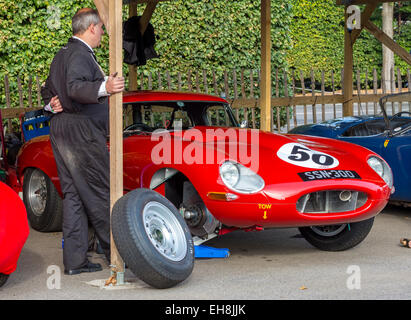 1961 Jaguar E-Type "semi-leicht", SSN300, im Fahrerlager beim Goodwood Revival 2014, Sussex, UK. Stockfoto