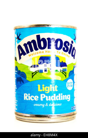 Milchreis Ambrosia Sahne cremig Dessert kann Konserven Logo Produkt Ausschnitt weißen Hintergrund textfreiraum isoliert Zinn Stockfoto