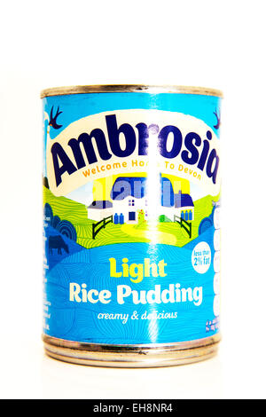 Milchreis Ambrosia Sahne cremig Dessert kann Konserven Logo Produkt Ausschnitt weißen Hintergrund textfreiraum isoliert Zinn Stockfoto