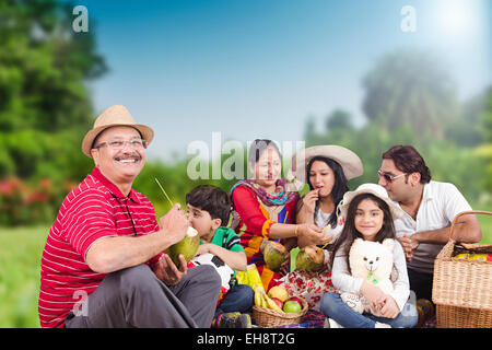indische Gruppe Menschenmassen grand Eltern Park Picknick trinken Kokosnuss Früchte Stockfoto