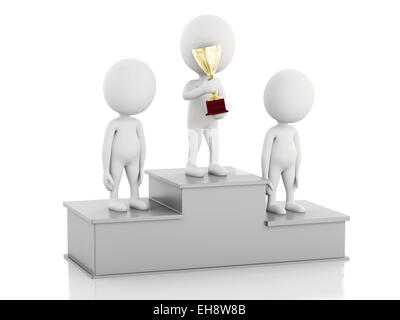 3D Illustration. Weiße Leute Gewinner auf Sport-Podium mit Trophäen. Isolierten weißen Hintergrund Stockfoto