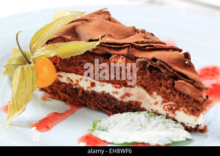 Weiche Schokolade Biskuit mit Vanillecreme, gefüllt mit Schokolade Tüchern bedeckt Stockfoto